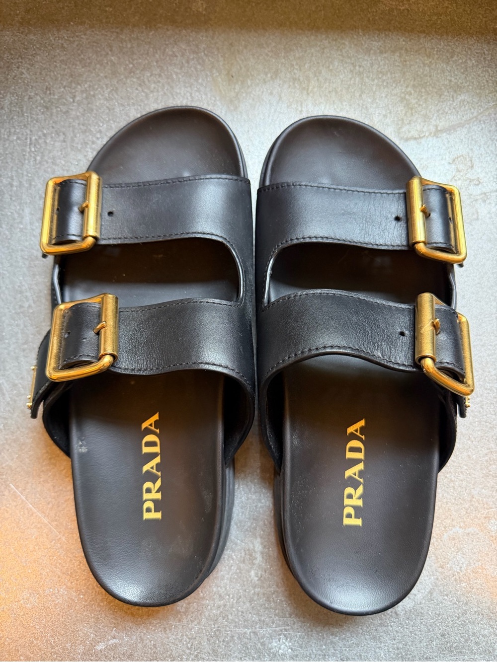 Prada Black Leather Double-Buckle Slide Sandals with Gold Buckles